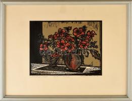 Krajcsirovits Henrik (1929-2007): Sarkantyúvirágok. Színes linómetszet, papír, jelzett, számozott (59/100), üvegezett fakeretben, 24×29 cm