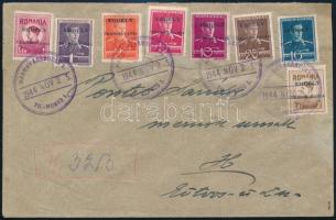 1944 Marosvásárhely teljes sor ajánlott levélen, kézi ragjeggyel (felül bevágva a levél, utólag javított) / Complete set on registered cover, handwritten registration mark. Signed: Bodor (cut above, repaired)