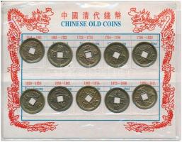 Kína DN 10db-os Chinese Old Coins régi kínai pénzek utánöntött másolatai karton díszlapon
