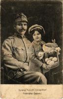 Boldog húsvéti ünnepeket! / Fröhliche Ostern! / WWI Austro-Hungarian K.u.K. military art postcard with Easter greeting, montage with soldier and girl with rabbits (b)