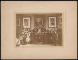 cca 1900 Hangszerek egy szobában: harmónium, zongora, brácsa, keményhátú fotó kartonon karton méret 28x22 cm