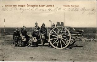 1909 Grüsse vom Truppen-Übungsplatz Lager Lechfeld. Geschütz-Exerzieren / German military training grounds, artillery exercise (EK)