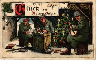Viel Glück im Neuen Jahre! / WWI German military art postcard with New Year greeting. litho (fl)