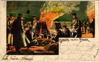 1908 Gruss aus dem Biwak / German military art postcard, soldiers around the campfire. litho (EB)