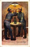 1914 Heil und Sieg zum neuen Jahr! / WWI German and Austro-Hungarian K.u.K. military art postcard with New Year greeting, Viribus Unitis propaganda s: F. Gareis (EK)