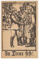 In Treue fest! Im Felde 1916 / WWI German and Austro-Hungarian K.u.K. military art postcard, Viribus Unitis propaganda. M. Liebenwein