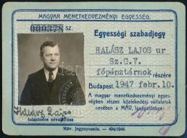 1947 Magyar Menetkedvezményi Egyességi szabadjegy 15 klf hajózási és vasúti társaság útvonalaira