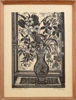 Bordás Ferenc (1911-1982): Tavaszi virágok. Fametszet, papír, jelzett, számozott (65/100). Üvegezett, kopott fakeretben, 39,5×30 cm