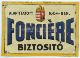 1930 A Fonciere Biztosító zománcozott fém táblája, magyar címerrel, kopásnyomokkal, 12,5×17 cm