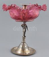 Ezüst (Ag) figurális kínáló, egy ágú gyertyatartóval, rajta formába fújt, zománc festett gyöngyvirág, rózsaszínre színezett, fodros szélű üveg tál (minimálisan ferde), jelzett, hibátlan, nettó: 555g, m:25cm