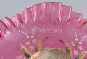 Ezüst (Ag) figurális kínáló, egy ágú gyertyatartóval, rajta formába fújt, zománc festett gyöngyvirág...