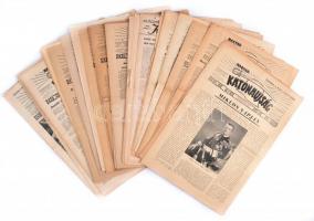 1943 Magyar Katonaújság VI. évf. kb. 20 száma, szakadásnyomokkal, két újság sérült, szétvált lapjaira, közte foltos is. Változó állapotban, két melléklettel.