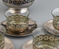 Fém + üveg betétes hat személyes teás csésze készélet, aljjal