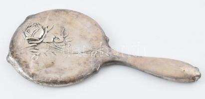 Ezüst(Ag) rózsás kézi tükör, jelzett, horpadással, h: 25,5 cm, bruttó: 194,6 g