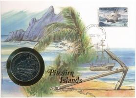 Pitcairn-szigetek 1990. 1$ Cu-Ni "A Pitcairn szigetek gyarmatosításának 200. évfordulója" forgalomba nem került emlékérme felbélyegzett borítékban, bélyegzéssel, német nyelvű tájékoztatóval T:1- kis patina Pitcairn Islands 1990. 1 Dollar Cu-Ni "200th Anniversary of the Pitcairn Islands" non-circulating commemorative coin in envelope with stamp, cancellation and a prospectus in german C:AU small patina