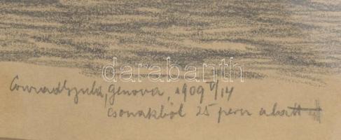 Conrad Gyula (1877-1959): Genovai kikötő vitorlásokkal, 1909. Ceruza, papír, jelzett. 30x23 cm. Lap ...