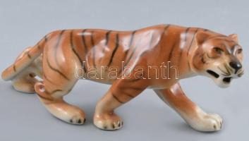 Porcelán Royal Dux tigris, kézzel festett, halvány, kopott jelzéssel, kopással, 8,5x20 cm