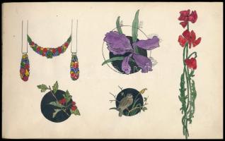 Régi vászonborítású füzet, benne ceruza- és tusrajzok (szecessziós motívumok, történelmi személyek, ...