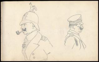 Régi vászonborítású füzet, benne ceruza- és tusrajzok (szecessziós motívumok, történelmi személyek, ...