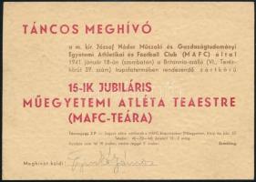 1941 Bp., Táncos meghívó a József Nádor Műszaki és Gazdaságtudományi Egyetemi Athletikai és Football Club által rendezett teaestre