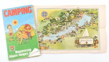 cca 1960-1980 Balaton térkép, rajzolta: Szüzcs Pál, 18x28 cm + cca 1980 Magyarország camping térképe, 1:650.000, kis szakadással, 57x80 cm