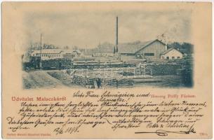 1898 (Vorläufer) Malacka, Malacky; Herceg Pálffy fűrésztelepe, iparvasút, gőzmozdony. Wetschl Kázmérnél kapható / sawmill, industrial railway, locomotive