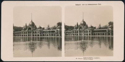1906 Budapest, Városligeti-tó, korcsolyázók csarnoka, sztereófotó, 8,5×17,5 cm