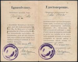 1945 Bp., A Gabonaforgalmi Központ által kiadott magyar-orosz kétnyelvű igazolvány jogosított gabona...
