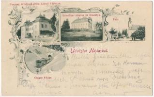 1902 Pozsonynádas, Nádas, Trstín; falu, templom, vasúti alagút vonattal, Herczeg Windisch-grätz Alfred és Krischker Nándor úr kastélya / castles, square, church, railway tunnel, train. Art Nouveau, floral