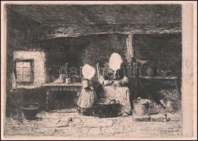 Munkácsy Mihály (1844-1900): Konyhában. Munkácsy egyetlen rézkarca, papír, jelzett a karcon, foltos,...