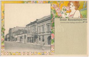 Marosvásárhely, Targu Mures; Szt. György utca, Várady F. Sándor üzlete. Szecessziós litho keret, Holbach Ede kiadása / street, shop. Art Nouveau litho frame