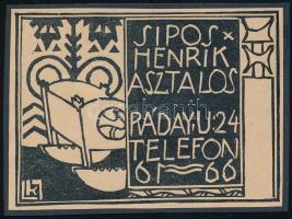 cca 1910 Kozma Lajos (1884-1948): "Sipos Henrik Asztalos. Ráday u. 24. Telefon 61-66.", reklám grafika, papír, klisé, jelzett a dúcon, kartonra kasírozva, 7x9 cm