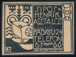 cca 1910 Kozma Lajos (1884-1948): Sipos Henrik Asztalos. Ráday u. 24. Telefon 61-66., reklám grafika, papír, klisé, jelzett a dúcon, kartonra kasírozva, 7x9 cm