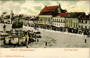 1908 Marosvásárhely, Targu Mures; Trébely hegy község, Fő tér, Bodor kút, Dudutz István, Fey József üzlete, Adi Árpád könyvnyomdája. Petróczy G. 1905. / Platoul Cornesti / main square, well, shops