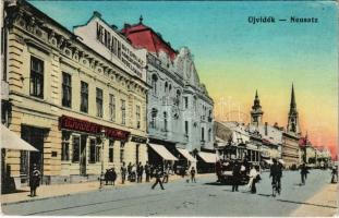 Újvidék, Novi Sad, Neusatz; utca, villamos, Újvidéki Népbank, Menrath bútorház üzlete / street, bank, shop, tram (EK)