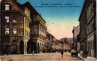 1916 Brassó, Kronstadt, Brasov; Kapu utca, Korona szálloda és kávéház / Purzengasse, Hotel Krone / street, cafe, hotel (Rb)