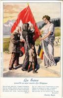 La Suisse accueille sa soeur neutre La Belgique / WWI Swiss military art postcard s: Audino (EK)