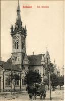 Kolozsvár, Cluj; Református templom, fiáker. Lepage Lajos kiadása / Calvinist church, horse carriage