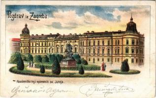 Zagreb, Zágráb; Akademicki trg i spomenik sv. Juraja. academy and statue. litho