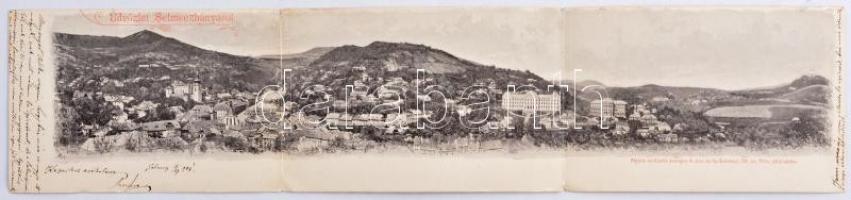1901 Selmecbánya, Schemnitz, Banská Stiavnica; Joerges Á. özv. és fia 55. sz. Három-részes kihajtható panorámalap / 3-tiled folding panoramacard (hajtásnál szakadt / bent til broken)