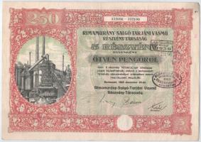 Budapest 1925. "Rimamurány-Salgó-Tarjáni Vasmű Részvény-Társaság" 5db részvénye egyenként 50P-ről, szárazpecséttel és bélyegzésekkel, szelvényekkel T:III