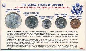 Amerikai Egyesült Államok 1964-1965. 1c-1/2$ (5xklf) Amerikai elnökök forgalmi szett kartonlapon, műanyag tokban T:1- patina USA 1964-1965. 1 Cent - 1/2 Dollar (5xdiff) American Presidents coin set on cardboard, in a plastic case C:AU patina