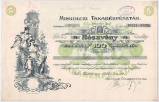 Miskolc 1926. Miskolczi Takarékpénztár névre szóló öt darab részvénye egyben összesen 100P-ről, szelvényekkel, bélyegzéssel és szárazpecséttel T:II