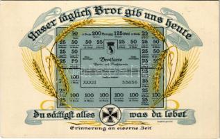 Unser täglich Brot gib uns heute... Brotkarte / WWI German military art postcard, ration stamp for bread. A. Wolpers & Co.