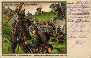 1914 Nun wollen wir sie verdreschen! Den im Felde stehenden Truppen gewidmet von C. F. Leonhardt Carton- u. Papierfabrik / WWI German military art postcard (EK)