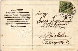 1907 Boldog Újévet! Héber nyelvű zsidó dombornyomott újévi üdvözlőlap. Judaika / Jewish New Year gre...