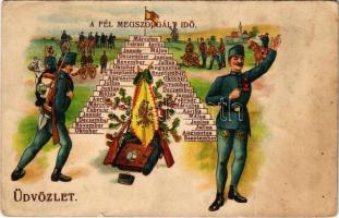 A fél megszolgált idő. Üdvözlet / Austro-Hungarian K.u.K. military art postcard, period of service. Art Nouveau, litho (fa)