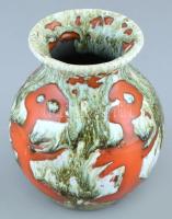 Retró pamacsolt váza, színes mázakkal festett kerámia, jelzés nélkül, hibátlan, m:16cm, d:14cm