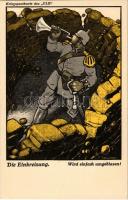 Die Einkreisung. Wird einfach umgeblasen! Kriegspostkarte des ULK (Berliner Tageblatt) Nr. 25/105. / WWI German military art postcard, humour s: Kuntze