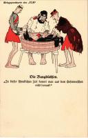 Die Bangbüchsen. Kriegspostkarte des "ULK" (Berliner Tageblatt) Nr. 25/114. / WWI German military art postcard, mocking humour